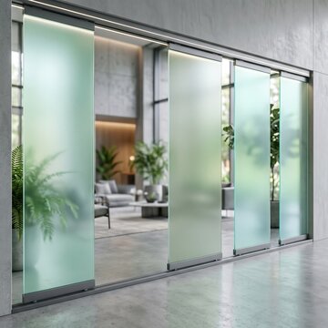 Contemporary interior with frosted glass sliding panel doors opening to bright living room, representing modern architecture, interior design, privacy partition and stylish home renovation.