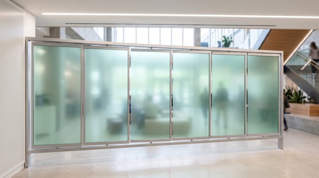 Contemporary interior with frosted glass sliding panel doors opening to bright living room, representing modern architecture, interior design, privacy partition and stylish home renovation.