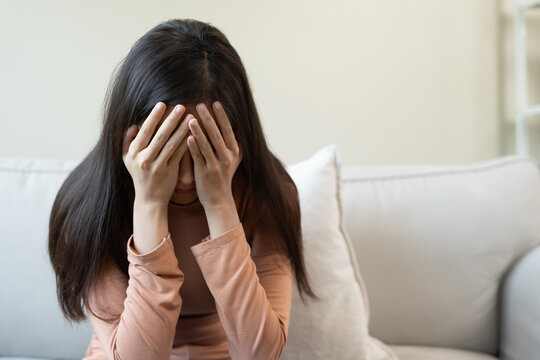 Unhappy asian woman girl disappointed, sad about problem in home alone, feel lonely, Stressed, suffering from bad relationship, break up, divorce, female confused, depression mental health, loneliness