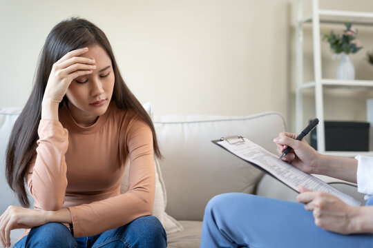 woman with mental health problems is consulting. psychiatrist is recording the patient's condition for treatment. encouragement, love and family problem, bipolar , depression patient, protect suicide