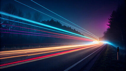 Fototapeta premium Night road highway with long exposure colorful vehicle light