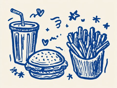 Hand drawn fast food meal illustration with burger fries and drink
