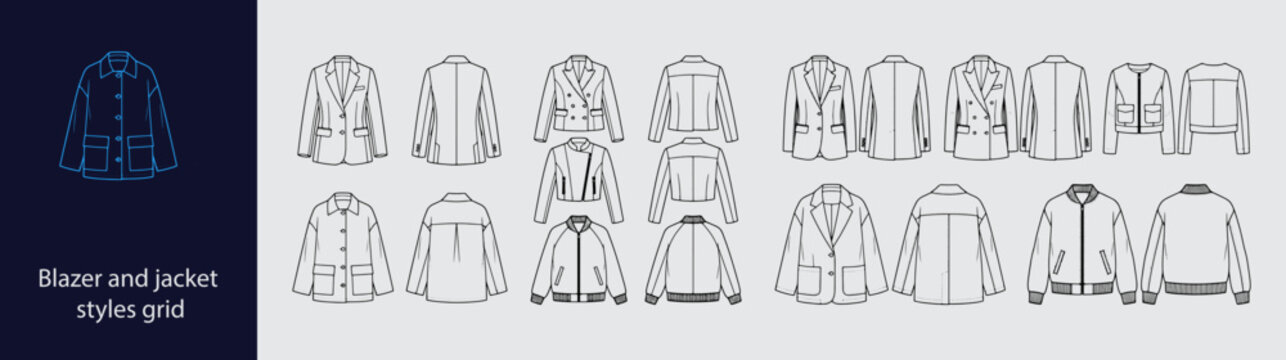 Blazer and Jacket Styles Grid, Fashion Flat Sketch Vector Set for Apparel Design and Technical Drawing