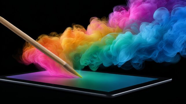 Digital stylus creating multicolor smoke cloud above tablet screen