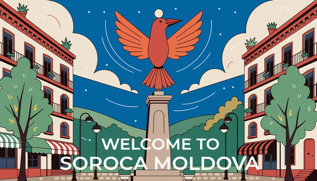 Welcome to Soroca, Moldova: Stylized illustration of bird monument, town square, and architecture