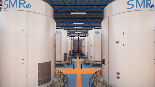 3d rendering group of smr or small modular nuclear reactors power plant in daytime 4k footage