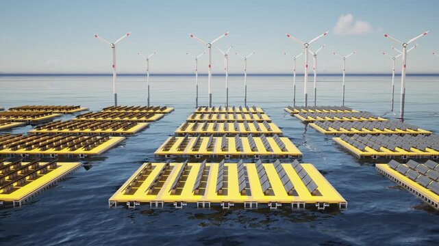 3d rendering floating solar panels with wind turbines on offshore platform 4k footage