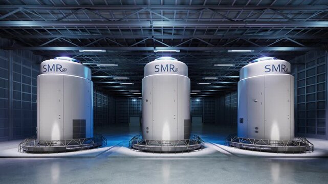 3d rendering group of smr or small modular nuclear reactors power plant 4k footage