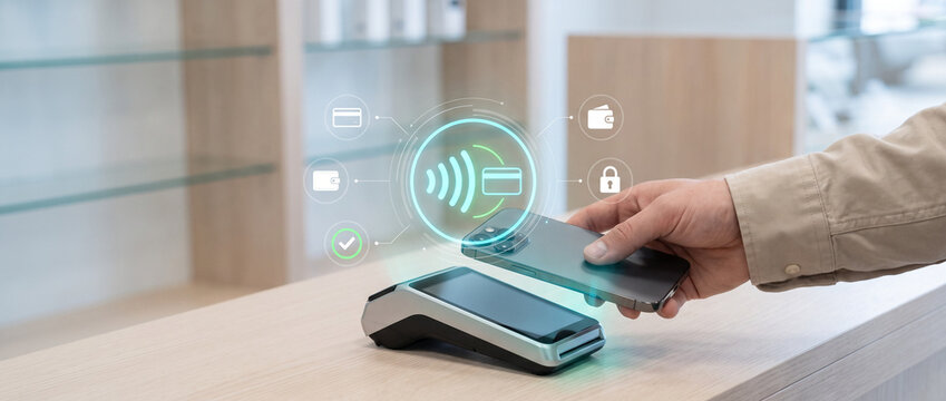 Customer Using Smartphone for Contactless Payment Transaction at a Modern Retail Store Counter 