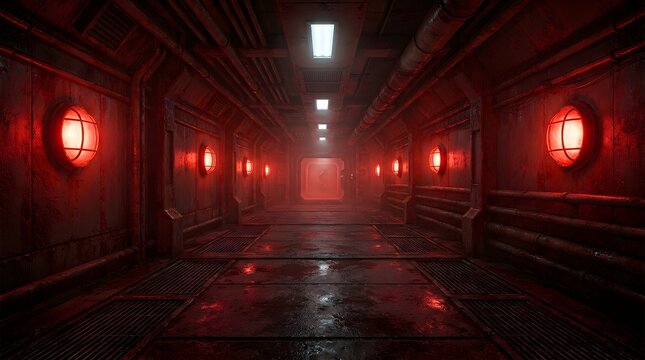 Dark red industrial spaceship corridor with glowing lights and pipes.