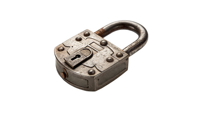 Vintage antique heavy metal padlock lock security hardware element isolated on transparent background