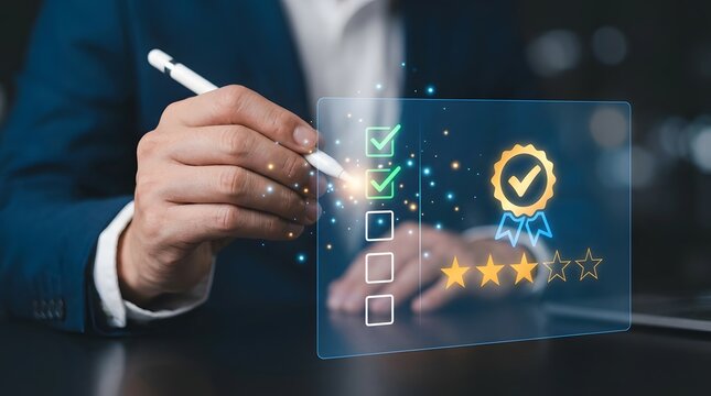 Businessman checking quality service with virtual checklist and stars rating.