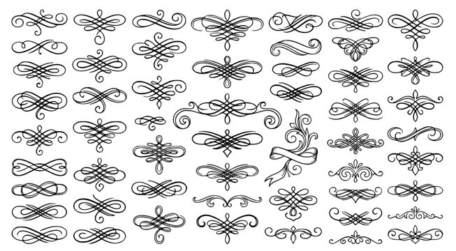 Classic calligraphic flourishes and vintage scroll dividers for professional document and stationery design layouts