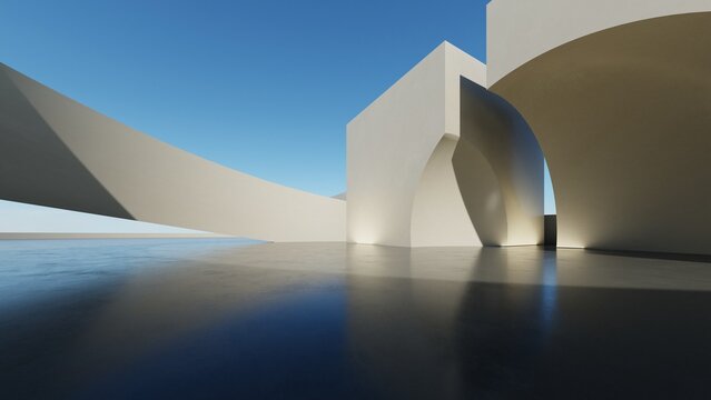 Abstract architecture background, Concrete arched doorway structure with curved dome on reflective floor, Scene for car presentation, Modern Exterior, 3D rendering