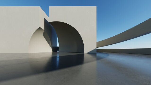 Abstract architecture background, Concrete curved walls forming pointed archway on reflective floor, Scene for car presentation, Modern Exterior, 3D rendering