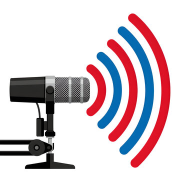 Illustration of a professional studio microphone on a stand with red and blue sound waves emanating, symbolizing broadcasting or podcasting.