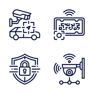 Line art icons depicting security surveillance, vehicle monitoring, license plate scanning, and network protection.