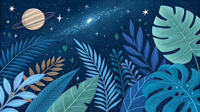 Exotic tropical plants under saturn like planet and night sky