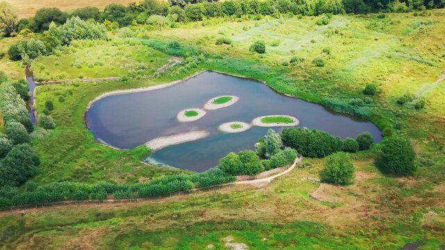High-angle aerial drone footage of a managed freshwater wetland lagoon with gravel nesting islands, reedbeds and surrounding grassland at Langford Lakes Nature Reserve in Wiltshire, England