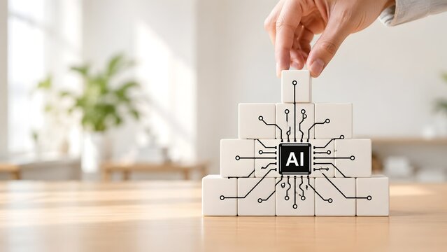 Hand arranging white blocks with black circuit lines and AI symbol on wooden desk representing clean modern artificial intelligence integration.