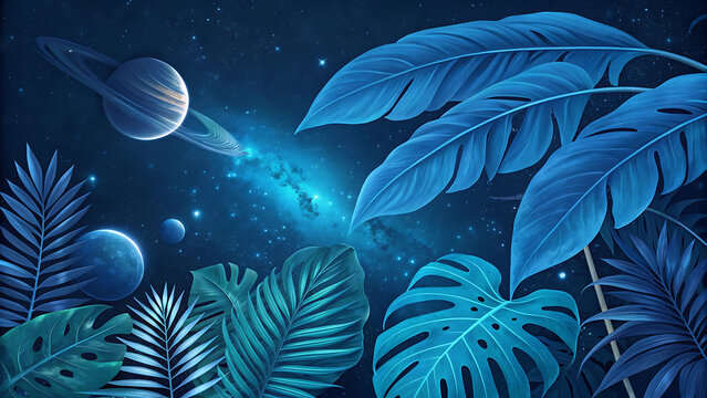 Tropical foliage under saturn planet and deep space galaxy