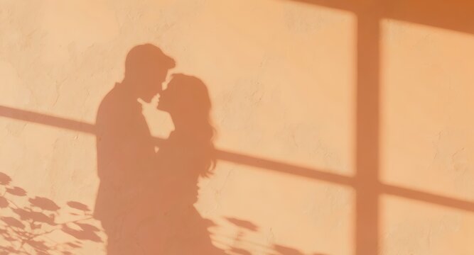 Silhouetted couple embracing and kissing projected as shadow on textured warm wall with window grid and soft golden light, intimate romantic mood