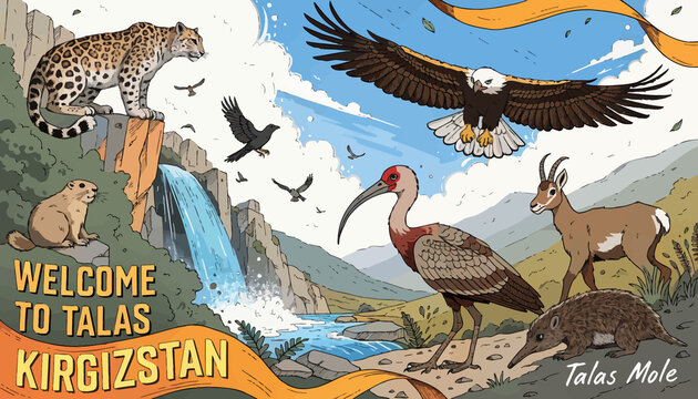 Wildlife and Nature of Talas, Kyrgyzstan: Leopard, Eagle, Ibises, Mountain Goat, Marmot, and Mole with Waterfall