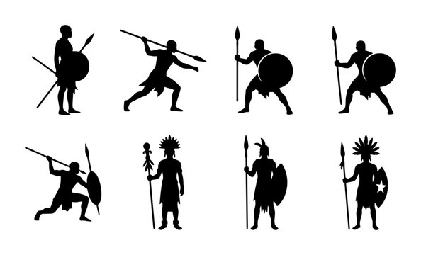 70 African Warrior Silhouettes, Tribal Hunter Icons, Ancient Soldier Vector Set, Indigenous People Graphics, Spear and Shield Poses 100