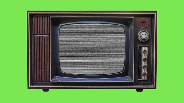 Vintage Television Set with Analog Static Screen Overlay Isolated on a Bright Green Background for Video Editing and Digital Media Content Composition