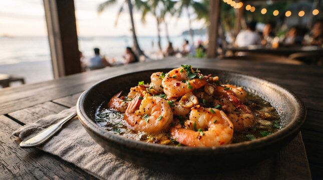 Close-up of garlic butter shrimp with herbs and chili served in a rustic bowl at a lively tropical beachfront restaurant.