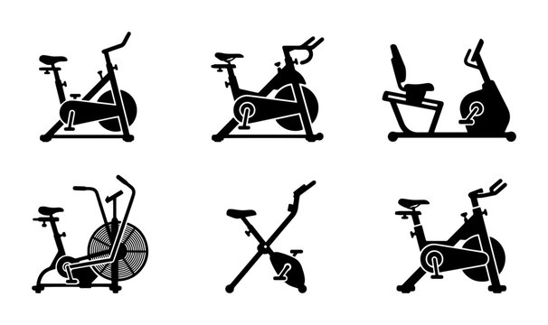 70 Stationary Bike Icons Set, Exercise Bicycle Vector Graphics, Fitness Equipment Silhouettes for Gym and Home Workout 100