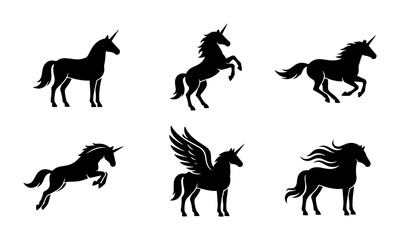Obraz premium 70 Mythical Unicorn Silhouettes Collection, Magical Horse Vector Icons, Fantasy Creature Graphics, Enchanted Animal Illustrations, Black and White Legend Symbols 100