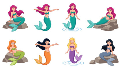Fototapeta premium Beautiful mermaid cartoon character vector illustration pose set. Cute sea princesses sitting on rocks, swimming in water, with colorful long hair and fish tails.
