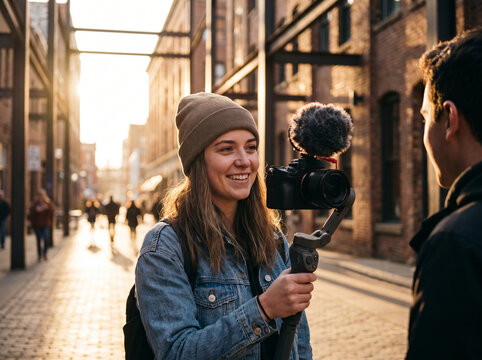 Videographer filming content with gimbal and external microphone, videographer