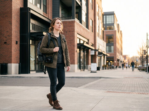 Young woman carrying camera and backpack walking in modern urban setting