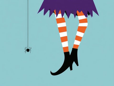 Halloween witch legs with striped stockings and black boots with a spider hanging on a web