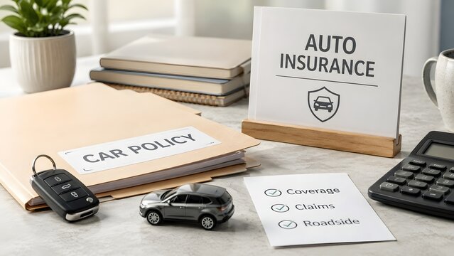 Auto Insurance sign next to car policy folder toy car keys and checklist showing coverage claims and roadside assistance on desk.