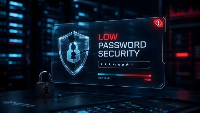 Broken physical padlock near digital screen displaying low password security warning and cracked shield in dark server room illustrating data breach.