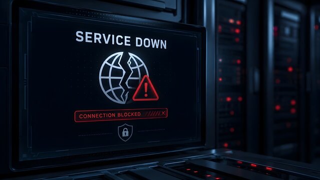 Computer screen in dark server room displaying service down and connection blocked error messages illustrating global network outage and cyber threats.