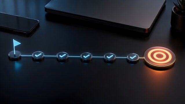 Glowing blue progress roadmap with checkmarks leading from start flag to illuminated orange target goal on dark desk next to laptop