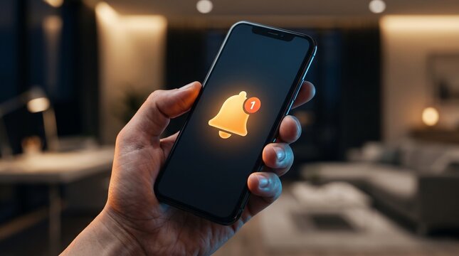 Smartphone notification alert with a glowing bell icon on screen
