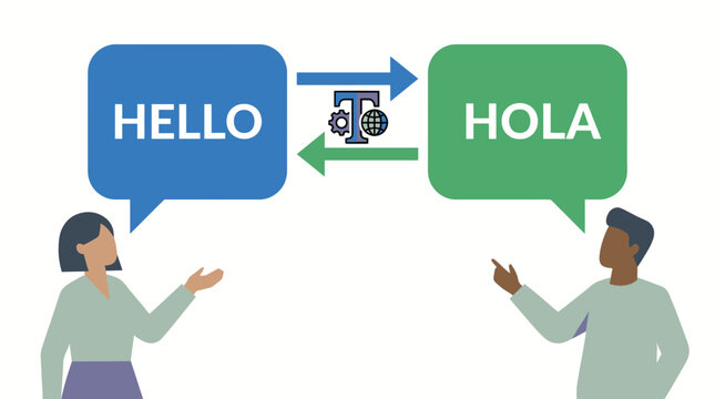 Flat vector illustration showing two people communicating, with speech bubbles translating HELLO to HOLA, symbolizing language translation, communication, or foreign languages.