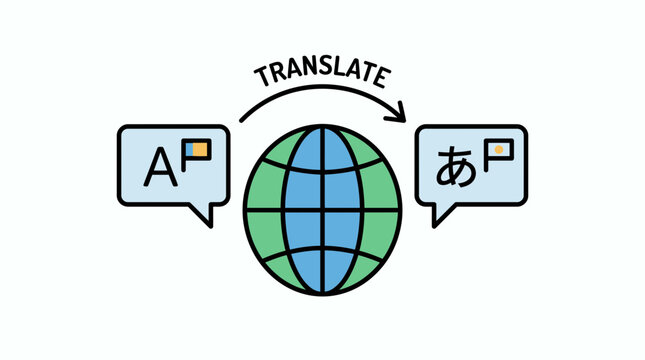 Flat vector icon illustrating language translation concept with a globe, speech bubbles containing different scripts, and an arrow labeled TRANSLATE. Isolated on white background.