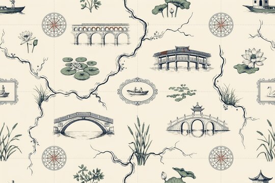Decorative seamless pattern featuring traditional arched bridges, lotus flowers, water lilies, and compass roses on a light beige background