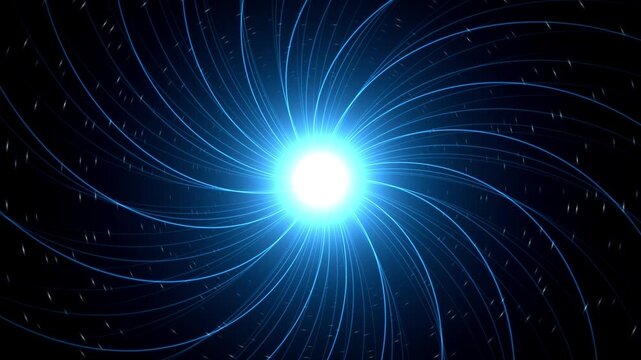 Converging cyan blue spiral light rays radiating around a glowing central star flare in a seamless 4K looping animation for sci-fi space travel, energy stage lighting, and digital tech presentations