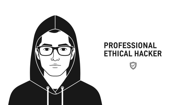 Professional ethical hacker concept illustration featuring a person in a black hoodie and glasses. Linear vector design representing cybersecurity, IT security, and programmer.