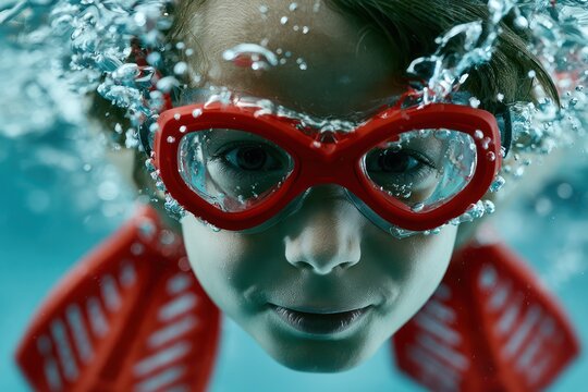 Child swimming underwater with fins