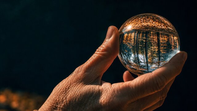 Hand holding a crystal sphere showing an inverted autumn forest reflection. Surreal glass orb optical effect with orange fall leaves.