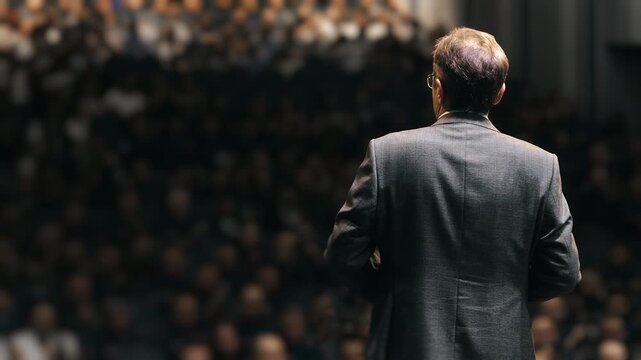 Rear view of professional speaker giving a presentation on stage to a large audience during business conference, seminar or corporate event.