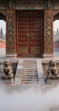 Grand ceremonial temple doorway with ornate red lacquer doors, brass studs and guardian lion statues on stone steps, low mist enhancing carved panels and historic architectural detail.